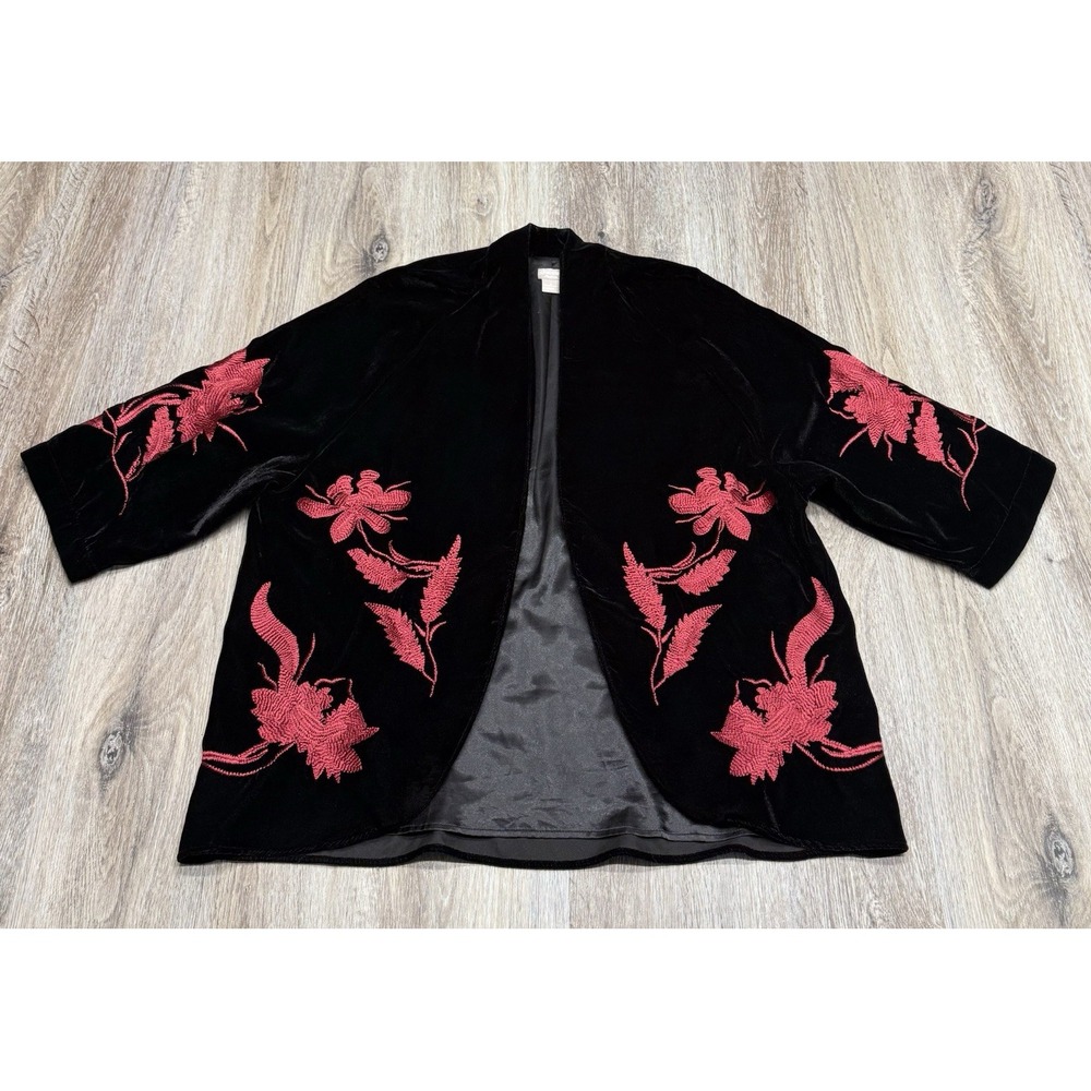 Chicos Travelers Kimono Jacket Womens 12/14 Black Velvet Red Floral Embroidery